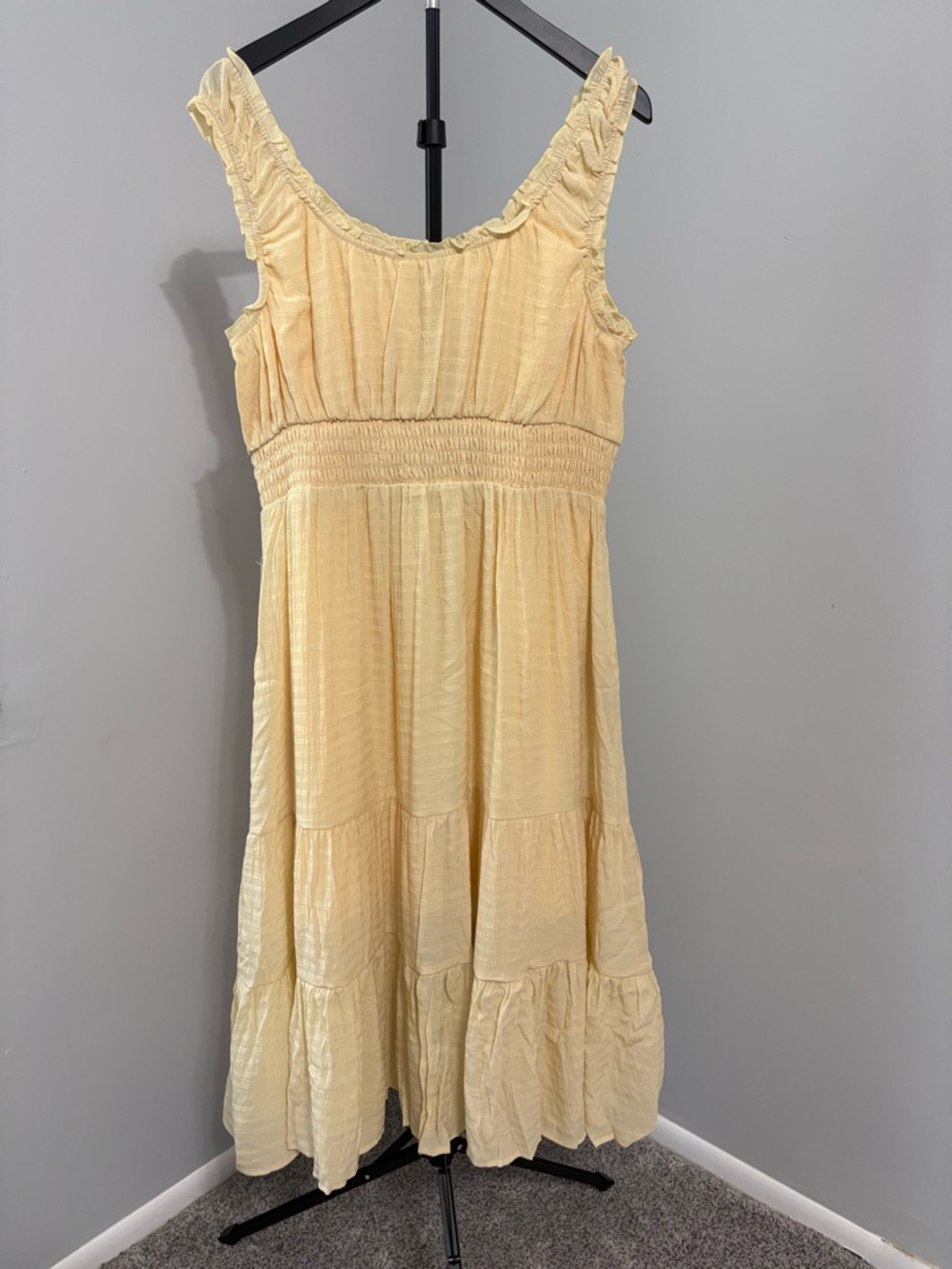 Butter Yellow Smocked Tiered Midi Dress Ruffle Boho Prairie Size L - Picture 2 of 6